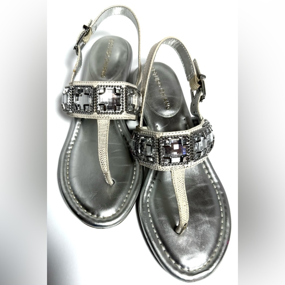 Arturo Chiang Vintage Silver Accented and Cream Snakeskin Embellished Sandals